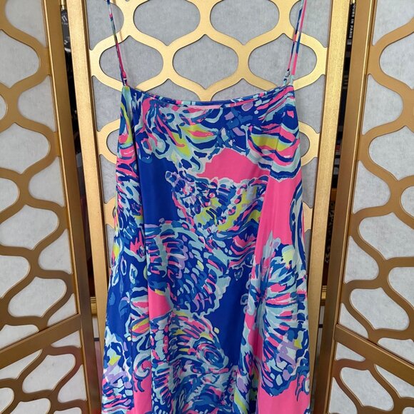 Lilly Pulitzer Size L NEW Blue Pink Kimi Silk Sleeveless Asymmetrical Hem Dress - Picture 4 of 16